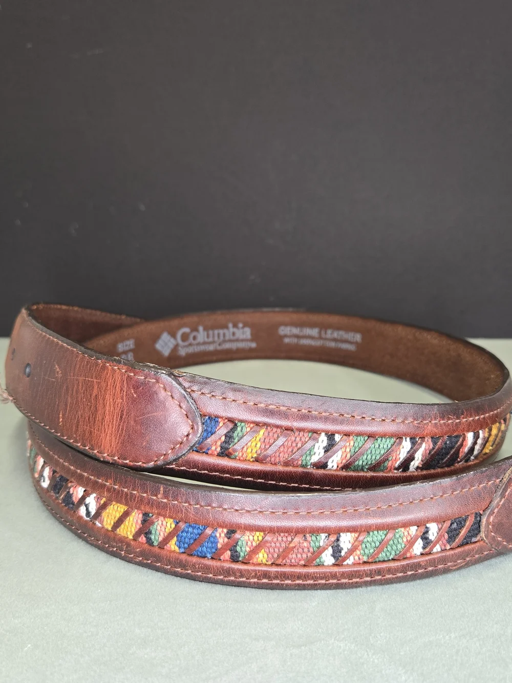 Vintage Columbia Sportswear Brown Leather Belt Size 38 Aztec Southwestern Woven
